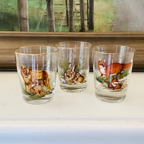 "American Wildlife" Rock Glasses Set Of 3 West Virginia Specialty Glass Vtg Bar